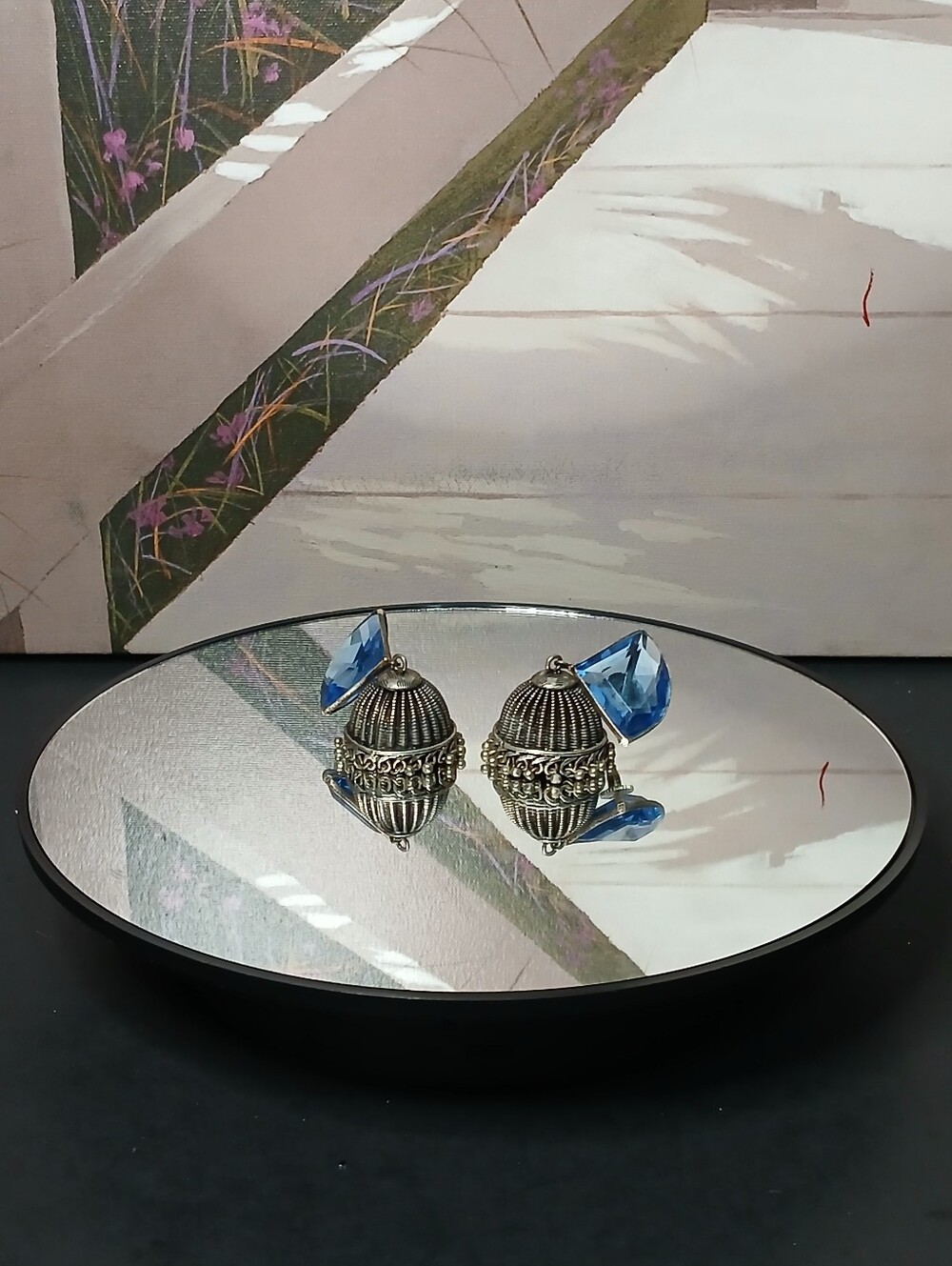 Ornate Silver-Tone Dome Earrings with Blue Crystal Drops